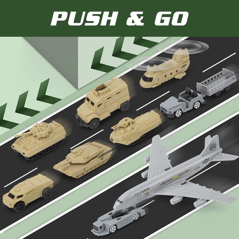 Set 13 XDUOYJOY Military Base Toy, Army Toys with Vehicles Airplane Tank Trucks Helicopter Fighter Jet, Play Mat