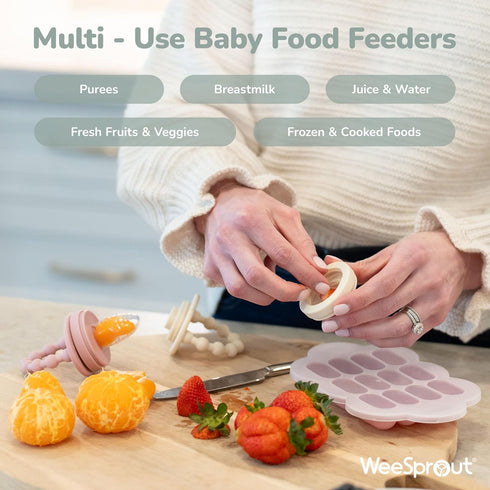 Set 2 WeeSprout Baby Food Feeder - Silicone Feeders & Reusable Freezer Tray with Lid - BPA-Free Fresh Fruit & Veggie