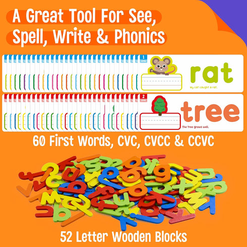 82PCS 30 52 2 3 CVC & CVCC, CCVC Words Builders, Double-Sided Cards & Wooden Lowercase Letters, Levels See & Spell