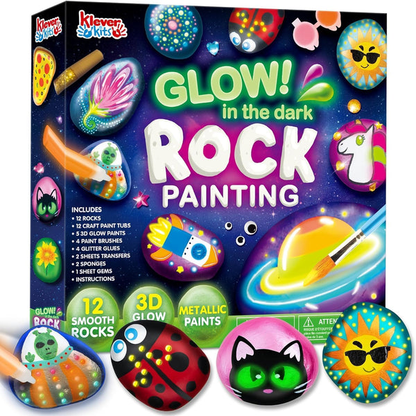 JOYIN 12 Rock Painting Kit - Glow in The Dark Rock Kit for Kids Ages 6-12, Art Supplies for Birthday Party Gift