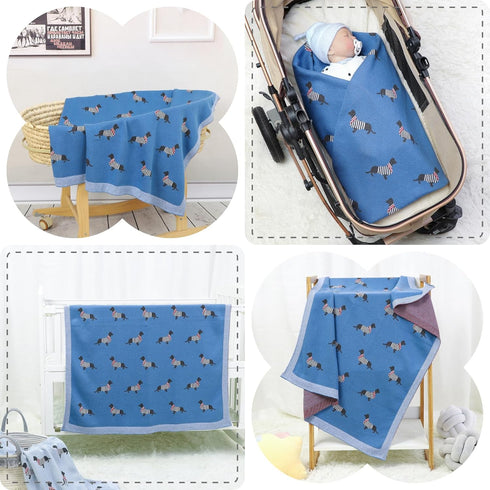 100% 30x40 inches Opewod Baby Blanket Knitted Cotton Soft Blankets for Newborn Boy Girls Cute Dog Dachshund Jean Blue