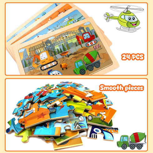 Puzzles for Kids Ages 4-6 - 4 Pack Wooden Jigsaw Puzzles, 24 Pieces Car Puzzle Set for Boys and Girls