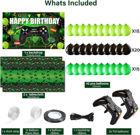 Video Game Birthday Party Decorations Set, Gaming Happy Birthday Supplies with Backdrop, Table Covers, Balloons