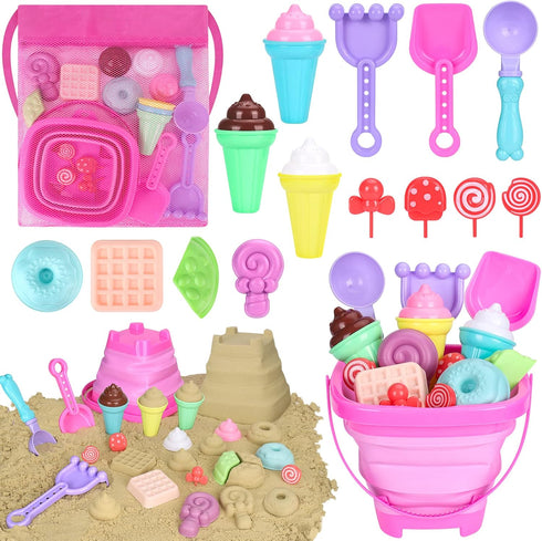 Collapsible Beach Toys Set for Kids, Sand Bucket and Shovels with Mesh Bag & Molds, Ice Cream Travel Toys