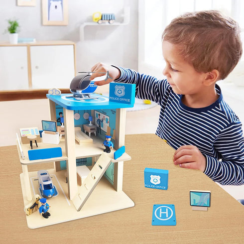Wooden Police Station Playset Toy, Multicolor 3-Level Pretend Play Dollhouse Set with Figures
