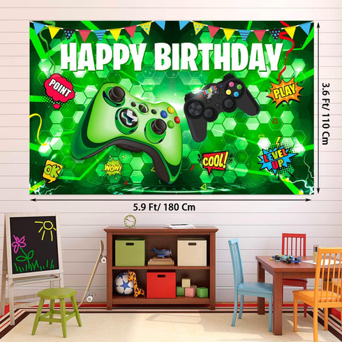 108Pcs Video Game Birthday Party Decorations - Green Gamer Supplies, Backdrop, Table Cover, Cupcake Topper, Balloon