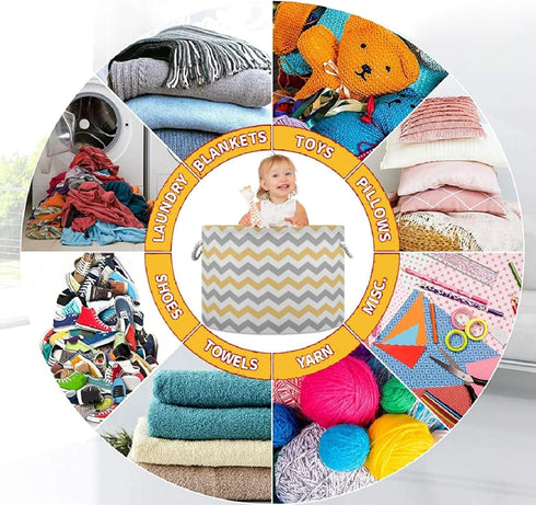 visesunny Grey and Yellow Plaid Chevron Collapsible Basket Storage Bin with Durable Cotton Handles, Home Organizer for