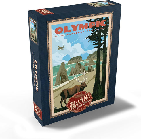 MyPuzzle Olympic National Park - Wapiti at Ruby Beach Vintage Travel Poster, Premium 500 Piece Puzzle