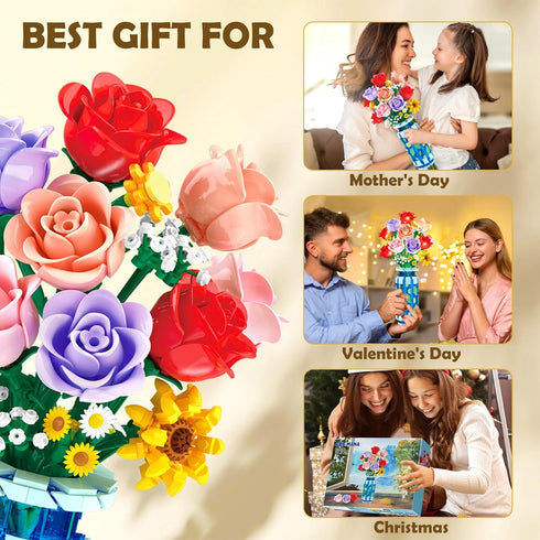 Set 16 CUBIMANA Roses Flowers Building with Vase & LED Light, for Her, Mini Flowers Bouquet Building Blocks Toy