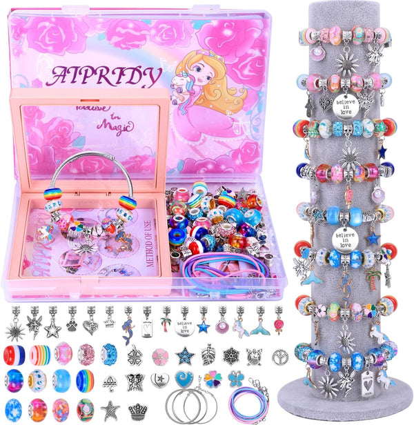 AIPRIDY Unicorn Mermaid Charm Bracelet Making Kit, 72 Pieces Jewelry Crafts Gifts for Girls 5-12 Years Old