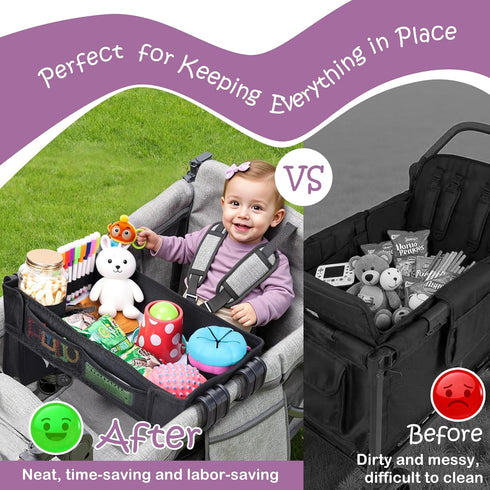 W2, Babenest Stroller Snack Tray for Wonderfold Wagon Foldable Thickened Snack Tray with Cup Holder, Storage Mesh Bag