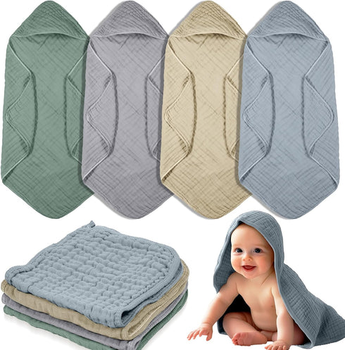 VitalCozy 8 (32 32 Inch,Pastel Pcs Baby Muslin Hooded Bath Towels and Washcloths Muslin Cotton Hooded Baby Towels