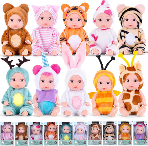 Vueos 10PCS 4inch Mini Reborn Baby Dolls Set with 10 Outfits - Realistic