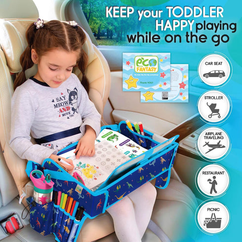Car Seat Tray for Toddler - Waterproof Kids Travel Table Top - Road Trip Essentials - Lap Desk with Storage (Blue)