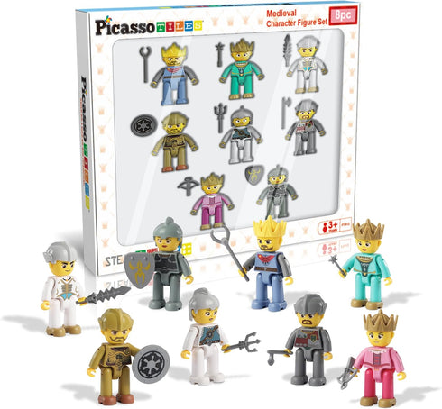 Picasso Toys Magnetic Action Figures, 8 Piece Medieval King and Knights Character Building Blocks Set