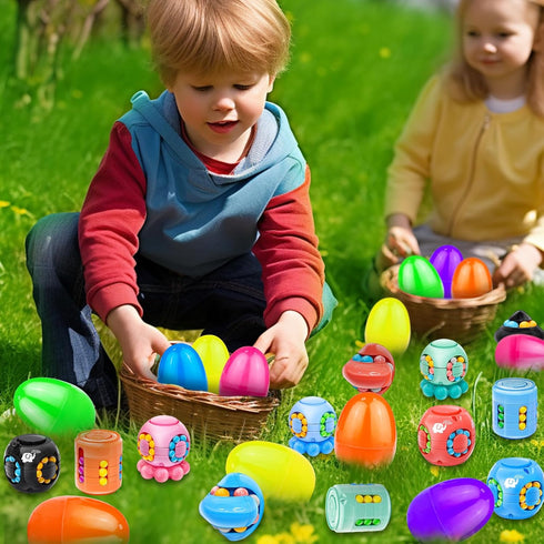 12 Pack 3.4" Jumbo Filled Easter Eggs with Toys Magic Bean Cubes, Fidget Puzzle Toy Brain Teaser Easter Basket Stuffer