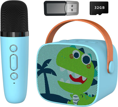 Mini Karaoke Machine for Kids, Portable Bluetooth Speaker with Wireless Microphone, Green Dinosaur Design