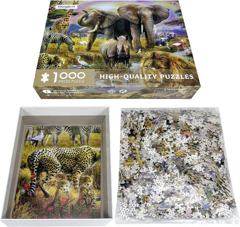 1000 Pieces African Animal Jungle Scene Jigsaw Puzzle for Adults, Elephant and Animal World Home Decoration