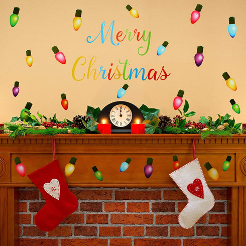 91 Pieces Christmas Wall Stickers, PVC Merry Christmas Lights Bulb Wall Decals for Decoration
