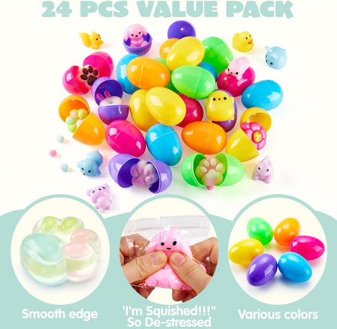 24 JOYIN Pcs Easter Eggs Prefilled with Squishy Toys, Cute Mochi Toy Fillers for Easter Egg Hunt, Basket Stuffers