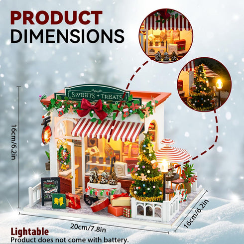 Yeconire Set, 3D Christmas Miniature Dollhouse Kits, DIY Miniature House Kit, Tiny House with LED, Christmas Village