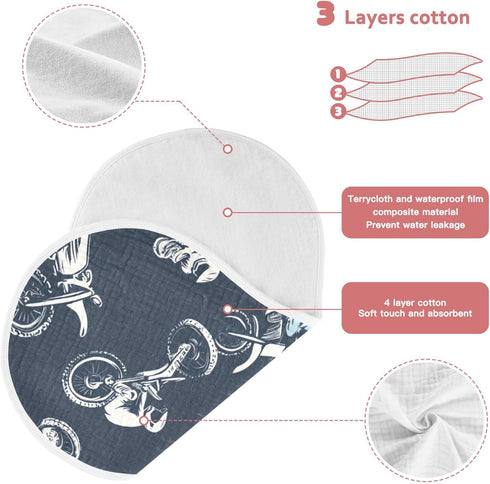 Mazeann 2 Pack Motorcycle Motorbike Retro Burp Cloths Baby Boys Girls Absorbent Soft Cotton Burping Cloths Rags