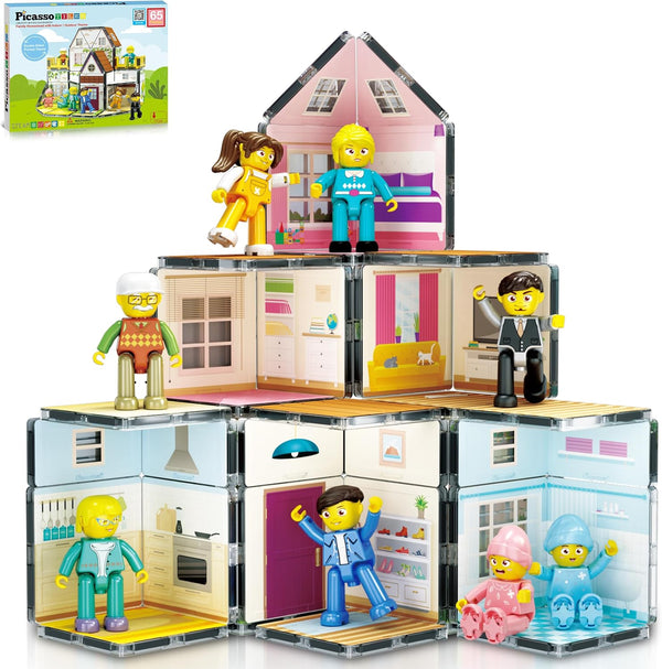 PicassoTiles Magnet Tile Building Block Family Homestead Doll House Playset, 8 Character Action Figures, STEM Kit