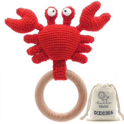 Wood Baby Rattle and Crochet Infant Rattle Set, Beech Wooden Teething Ring-Crab