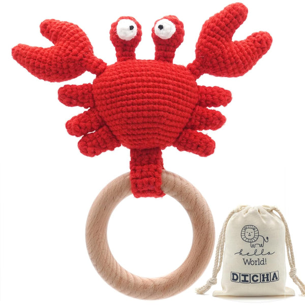 Wood Baby Rattle and Crochet Infant Rattle Set, Beech Wooden Teething Ring-Crab