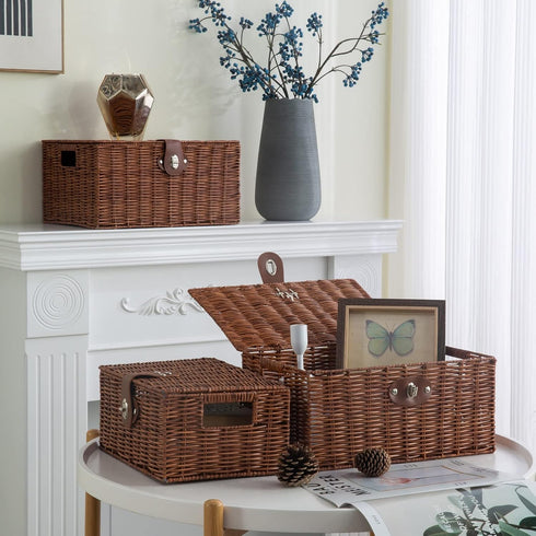 Set of 3 Woven Wicker Storage Baskets with Lid & Lock, Multifunctional Organizer for Nursery, Baby, Clothes