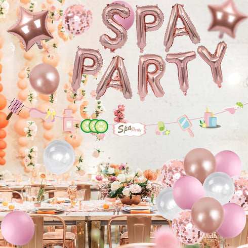 Spa Birthday Party Supplies Girls - Rose Gold Balloon Banner Garland, Star Foil Balloons for Pajamas Birthday