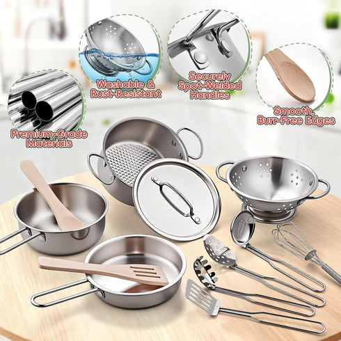Set, Playset 2 Play Kitchen Accessories, Large Stainless Steel Toddler Cooking Kids Kitchen with Cutting Play Food