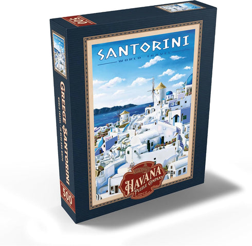 500 MyPuzzle Greece Santorini - in Blue and White, Vintage Travel Poster - Premium Piece Jigsaw Puzzle for Adults