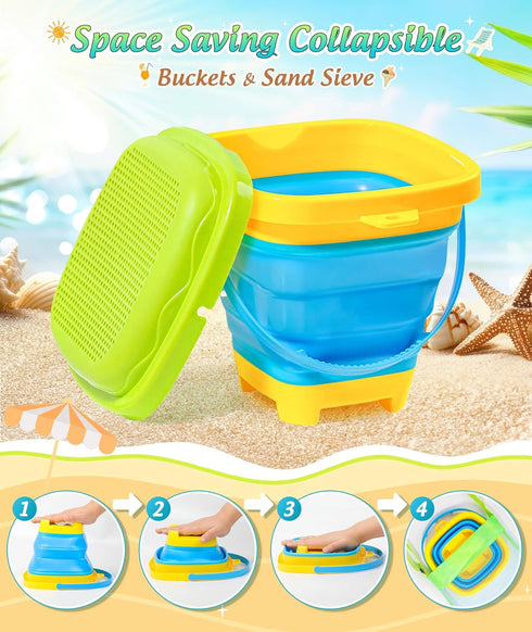 Set DUDUCOFU Collapsible Beach Sand Toys for Kids Toddlers, Collapsible Sand Buckets Sifter and Shovels Rake Diving Gem