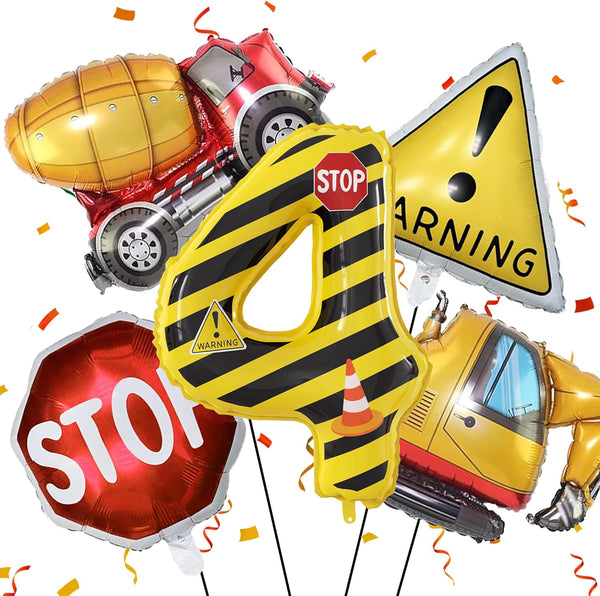 JUANBUDONG Construction Theme Balloons Set,Yellow and Black Striped Construction Foil Number 4 Balloons.Truck,