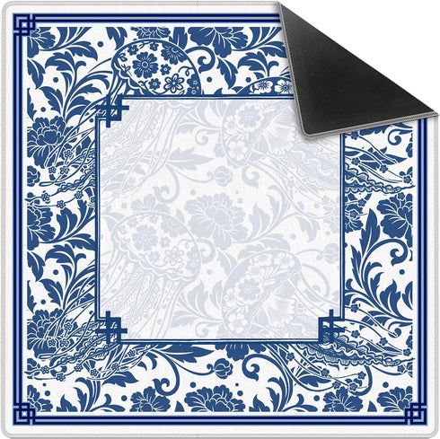 Blue Chinoiserie Mahjong Mat 31.5" x 31.5", Vintage Blue Floral Non-Slip Noise