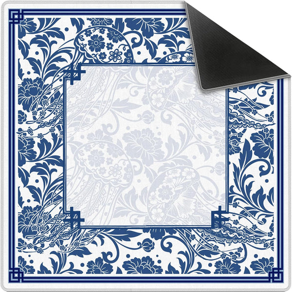 Blue Chinoiserie Mahjong Mat 31.5" x 31.5", Vintage Blue Floral Non-Slip Noise