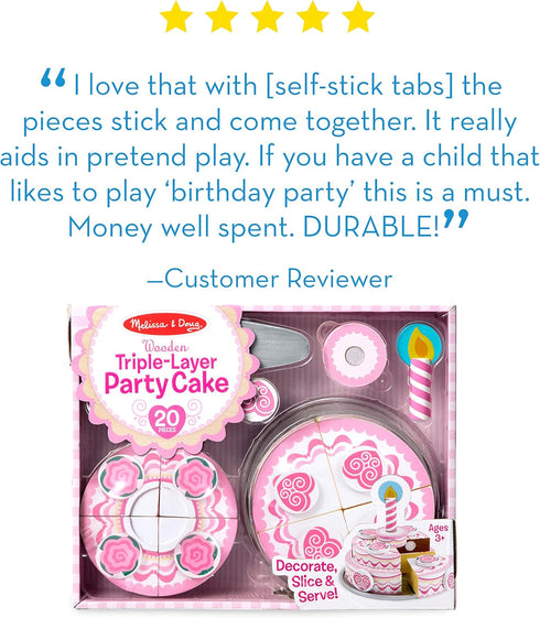 Set Set 3+ Melissa & Doug Triple-Layer Party Cake Wooden Play Food - Birthday Cake Pretend Food Play for Toddlers, Kids