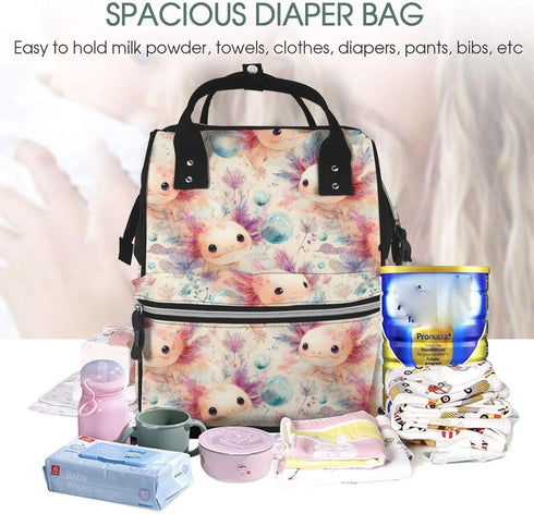 Qewfoju 2 Backpack Backpack Cute Axolotl Print Diaper Bag Large Capacity Diaper Baby Changing Bags