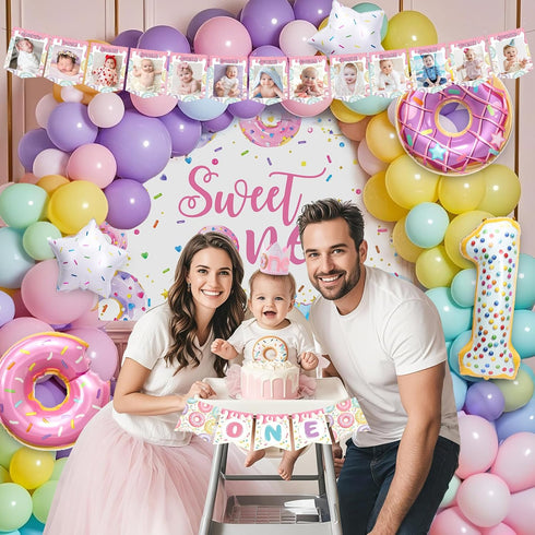 SNLN 1st Sweet One Birthday Party Decorations, First Birthday Decorations for Girl, Balloon Box Photo Banner Donut Foil