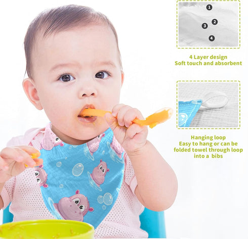 Burbuja 12x12 3 Pack Cartoon Hippos Baby Washcloths - Muslin Cotton Soft Absorbent Baby Towel for Newborn Baby