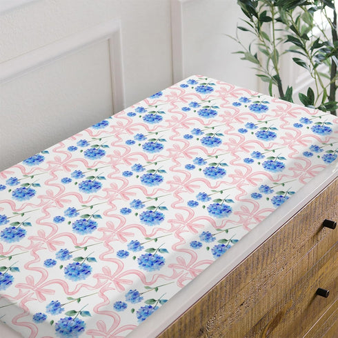 HawSkgFub 32"/34" 16" Pink Bow Hydrangea Floral Changing Pad Cover for Baby Girls Shower Gift, Boho Blue Flowers Ribbon