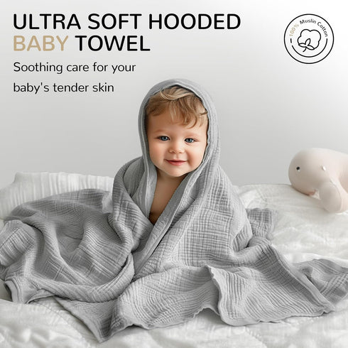 3 Pack (35 35 Inch) Muslin Hooded Baby Towels, Cotton Baby Bath Towels with Hood for Newborn, Babies, Infant, Toddler