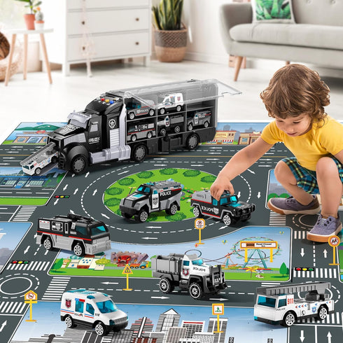 NIPLOOOW Set Set 3 4 5 6 3-4 3-9 Police Trucks Toy with Play Mat, Carrier Truck Play Vehicles for Years Old Boys Kids