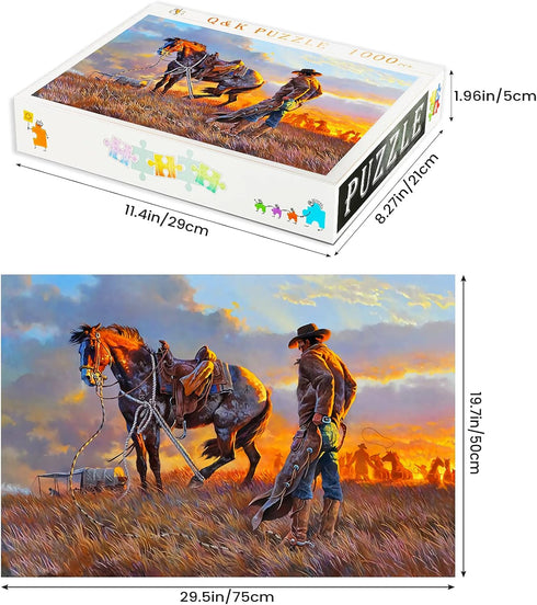 najiaxiaowu Wooden 1000 Pieces Jigsaw Puzzles for Adults, Western Cowboy Rider Prairie Wind Flower Puzzle