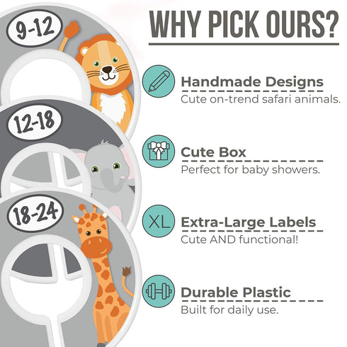 Safari Nursery Closet Size Dividers - 7X for Baby Clothes, Elephant Giraffe Zebra Lion Monkey Decor (Grey)