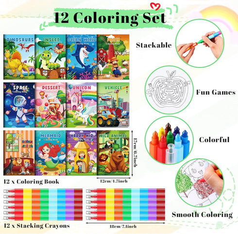 Set 4-8-12 Travel12+12Pcs BenLouis Coloring Books for Kids With Stacking Crayons Mini Coloring Books Bulk for Ages