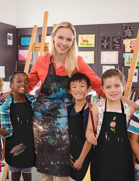 30 Pcs Kids Apron Bulk Adjustable Children Bib Aprons with Pockets for Girls Painting Kitchen Cooking Baking (Black, L)