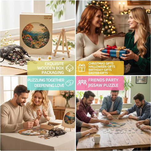 300 13.4in Wooden Puzzles for Adults Pieces, Scenic Mountain Landscape Round Wood Jigsaw Puzzle, Unique Irregular Laser