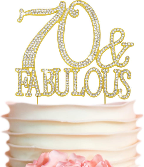 Premium Gold Metal 70 Cake Topper - 70 and Fabulous - 70th Birthday Party Sparkly Rhinestone Decoration, Set in Box